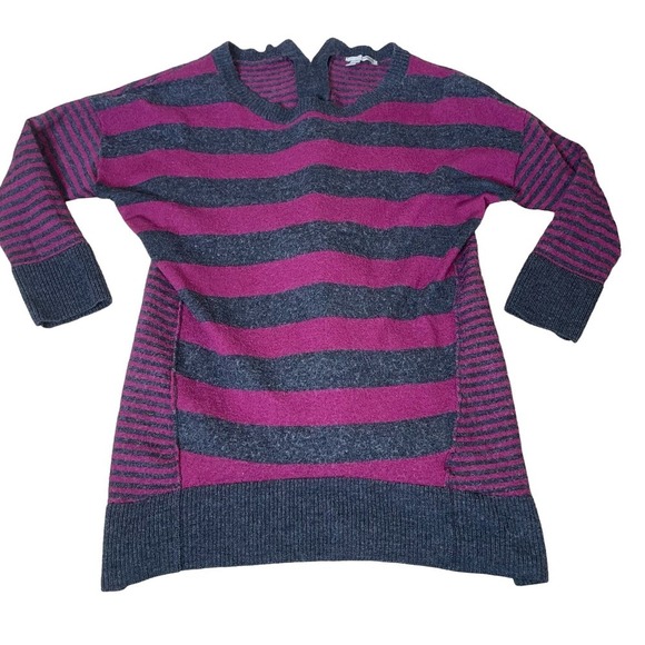 Halogen sweater women's burgundy gray back zip up striped 100% Merino Wool SZ SM - Picture 2 of 11